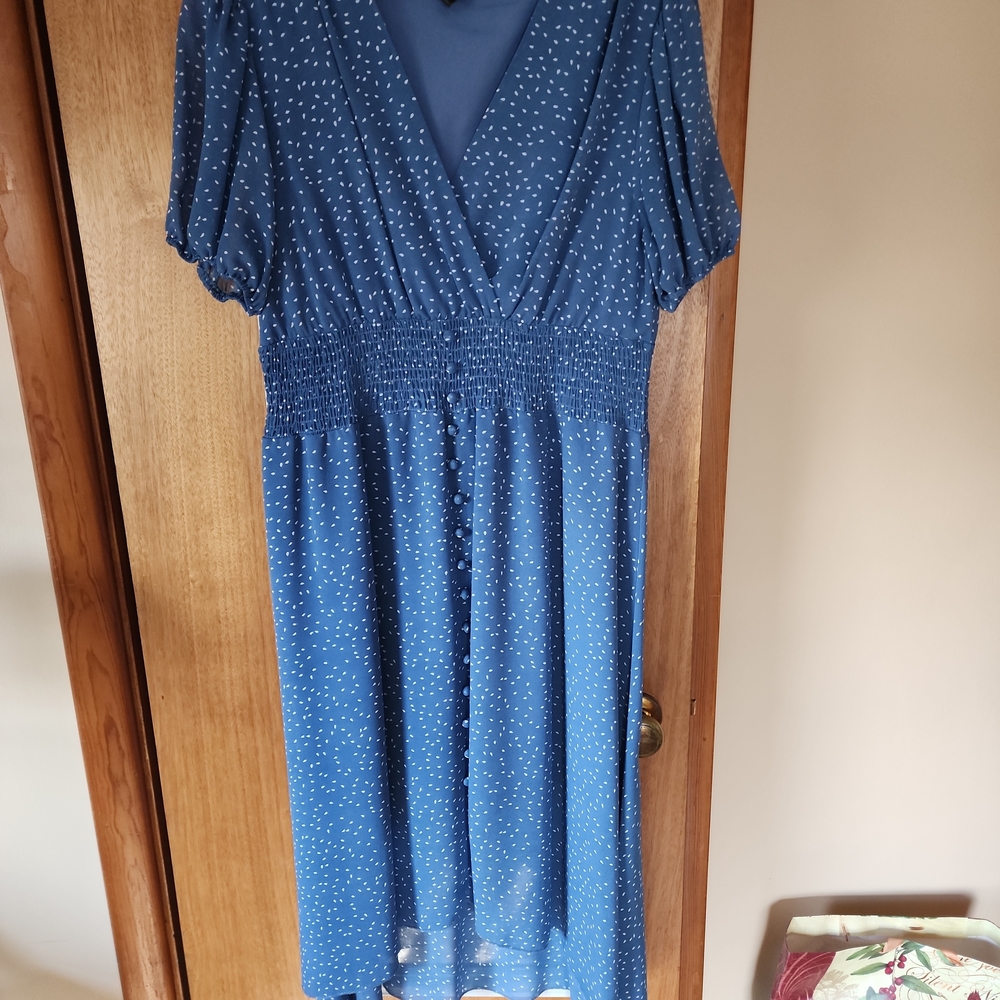 Blue Polka Midi Dress with Smocked Waist